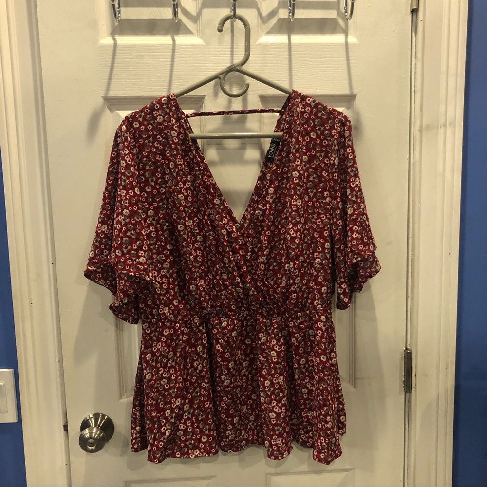 Yoins Red Floral V Neck Blouse